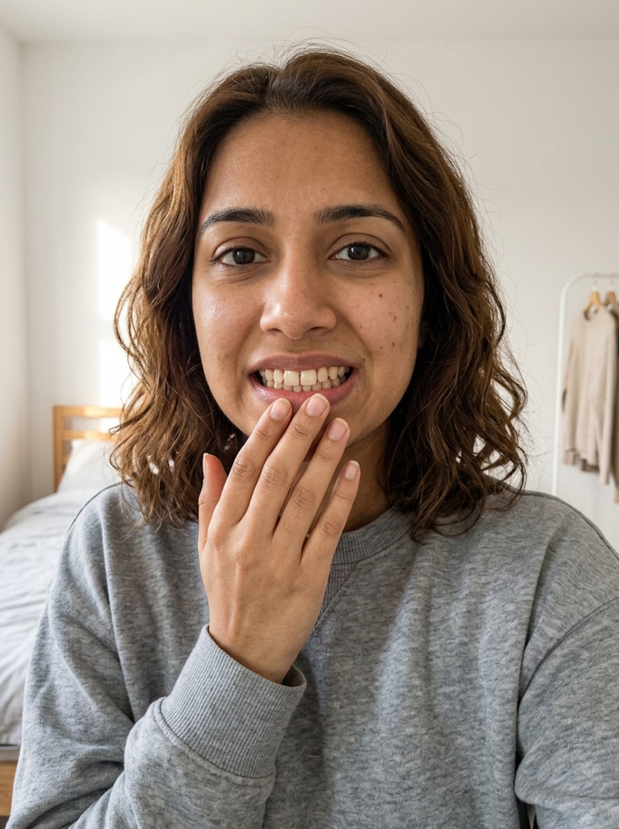 Mujer mirándose los dientes en el espejo del baño