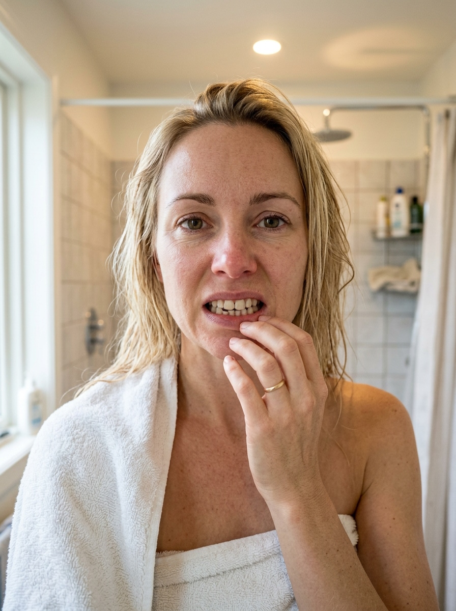Mujer observando el desgaste de sus dientes