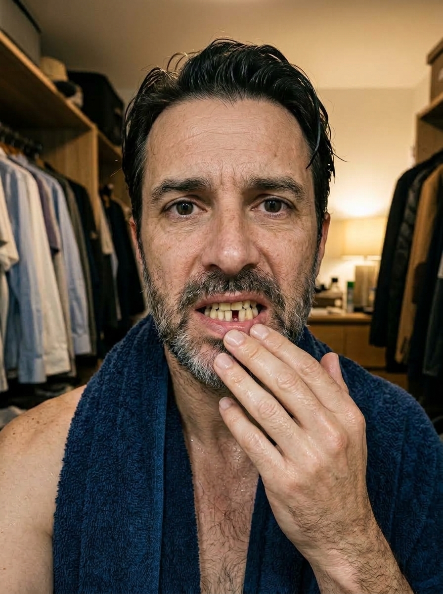 Hombre señalando una pieza dental dañada