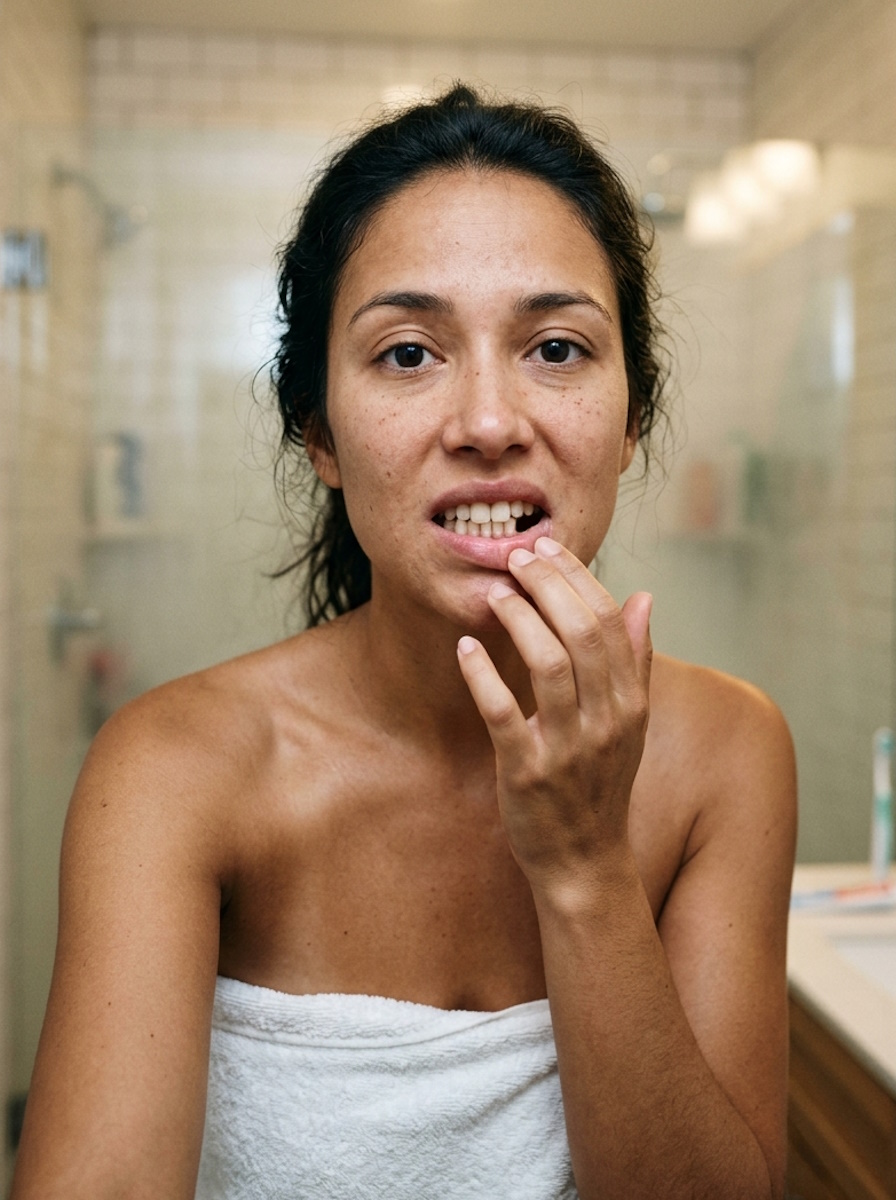 Mujer con desgaste dental mirándose al espejo