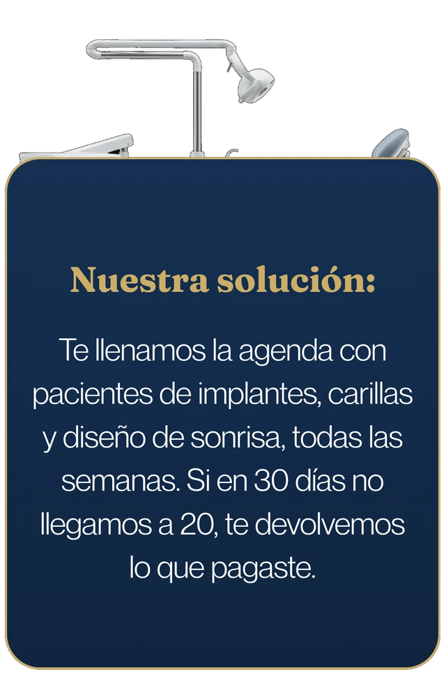 Nuestra solución: te llenamos la agenda con pacientes de implantes, carillas y diseño de sonrisa, todas las semanas. Si en 30 días no llegamos a 20, te devolvemos lo que pagaste